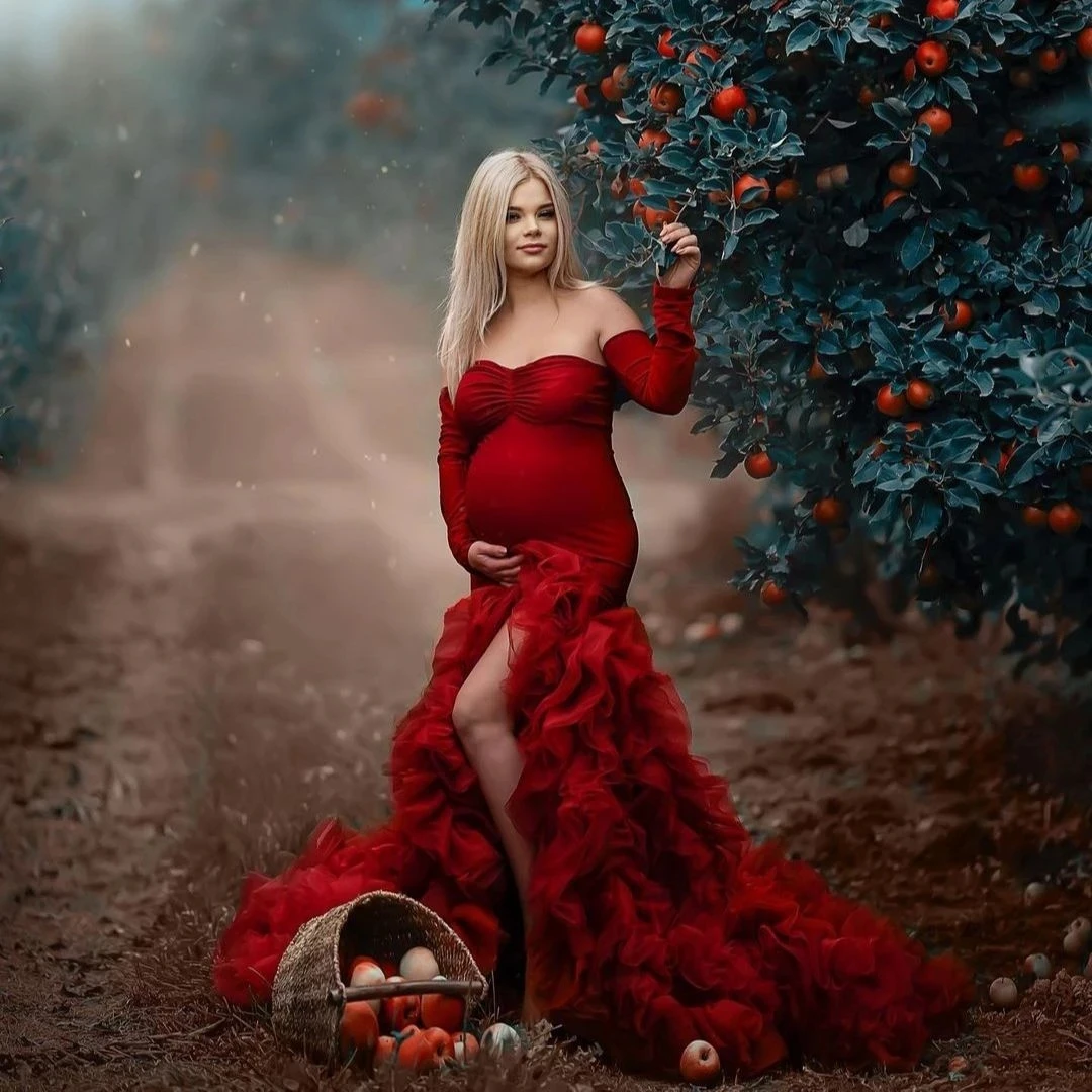 

Red Mermaid Maternity Dresses for Photo Shoot with Removable Sleeves Side Slit Ruffles Train Babyshower Dress for Photoshoot