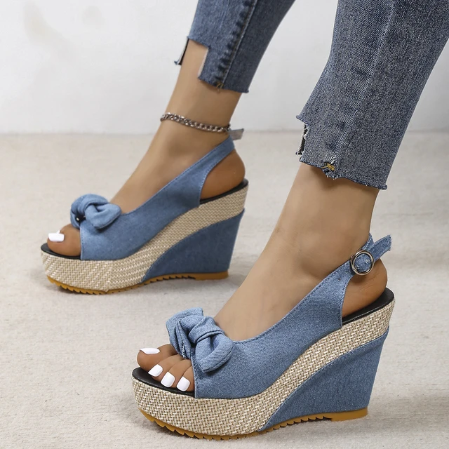 Stylish Denim Bow Design Platform Sandals  Denim bows, Vintage shoes  women, Women shoes