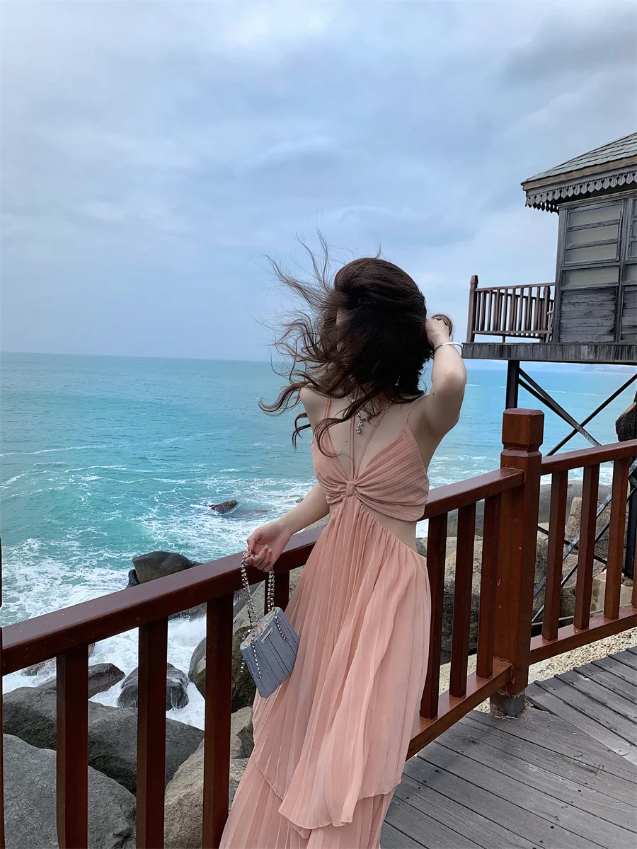 Summer New Fashion Sexy Pleated Holiday Beach Long Dresses for Women Vacation Spaghetti Strap A line Ladies Robe 2025 Sundress