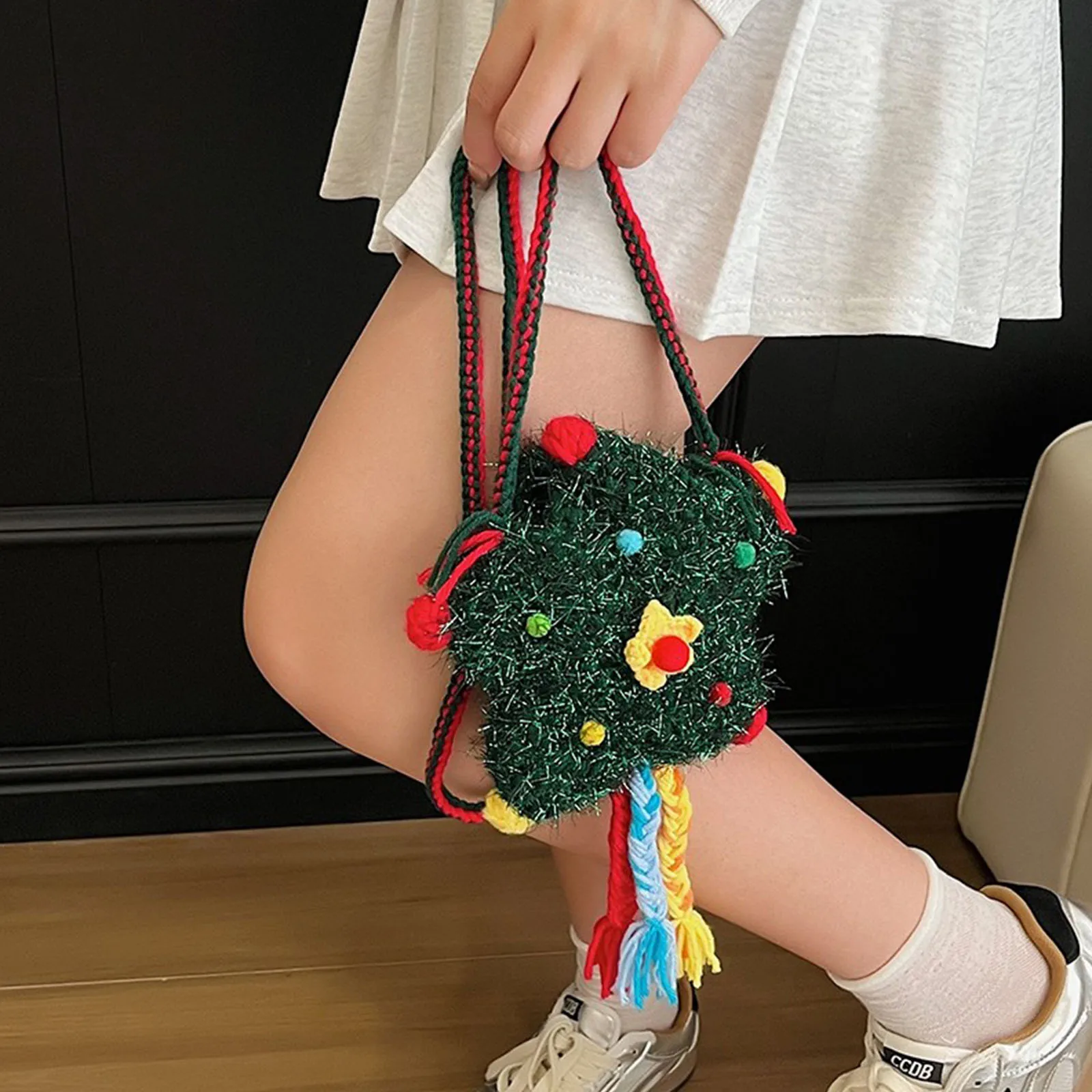 Women Christmas Knitted Shoulder Bag Autumn Winter Handmade Coin Purse Cute Change Bag for Travel Shopping Daily Use