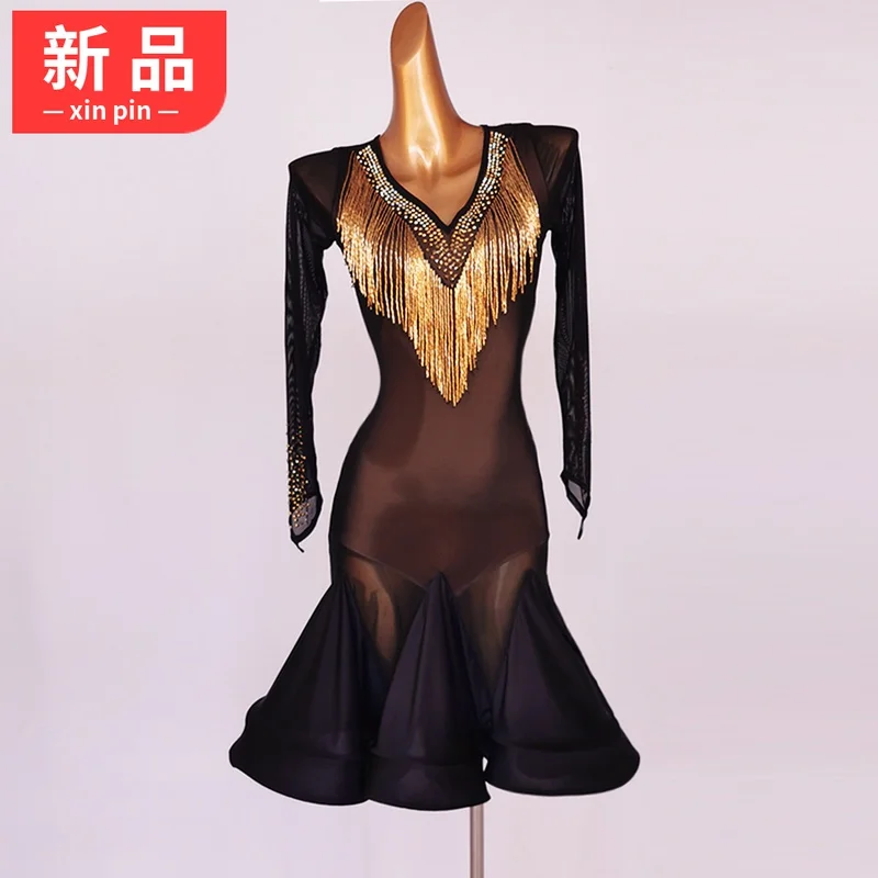 New Latin Dance Competition Professional Performance Dress Pipe Bead Diamond Rumba Cha Cha