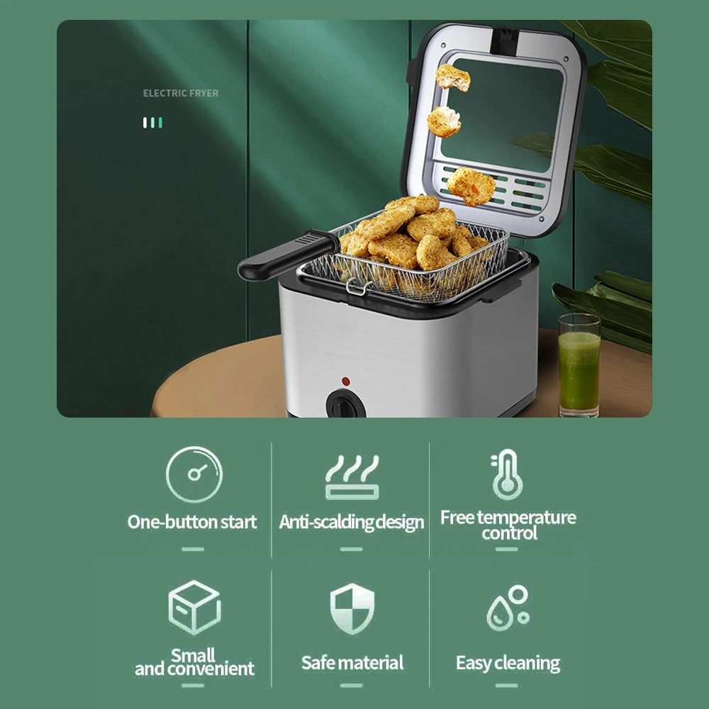 2.5L Electric Fryer Household Mini Electric Fryer 1000W Multiple Function Stainless Steel Fryer Kebab French Fries Machine