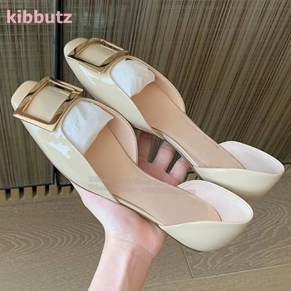 Metal Belt Buckle Pumps Patent Leather Square Toe Flat With Slip-On Fashion Elegant Sexy Party Wedding Concise Women Shoes New