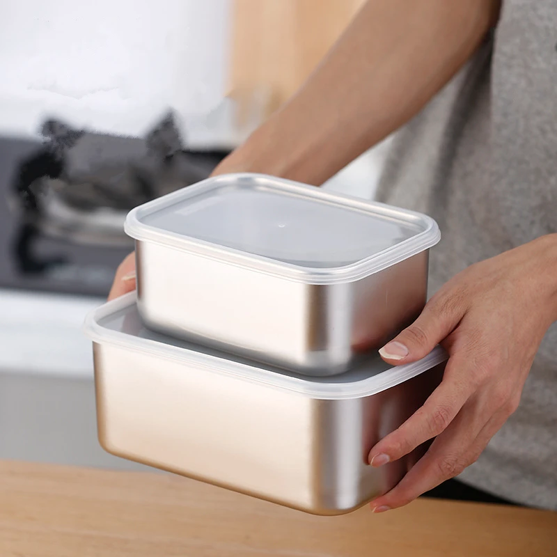 304 Stainless Steel Food Storage Tray with Cover Refrigerator Rectangle Crisper Container Thick Durable Trays Kitchen Organizer 2