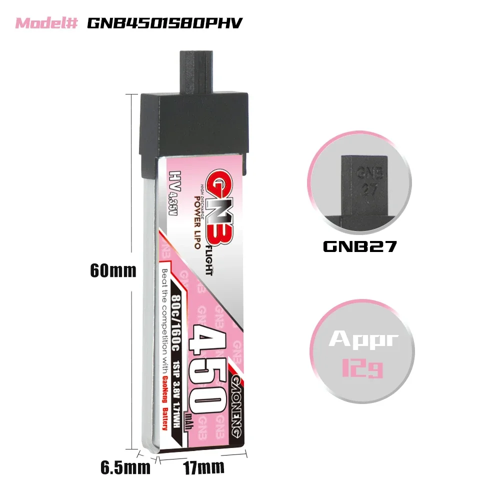 

GAONENG GNB 450mAh HV 1S 80C 160C 3.8V Plastic Head GNB27 LiPo Battery BetaFPV Beta75X Happymodel Mobula6 Mobula7 Snapper