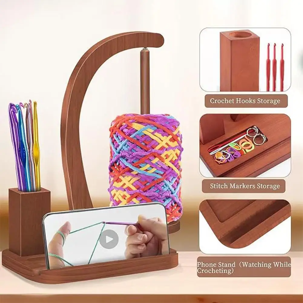 Wooden Yarn Holder With Phone Stand - Crochet & Knitting Organizer, 360° Spinning Spool For Craft Supplies