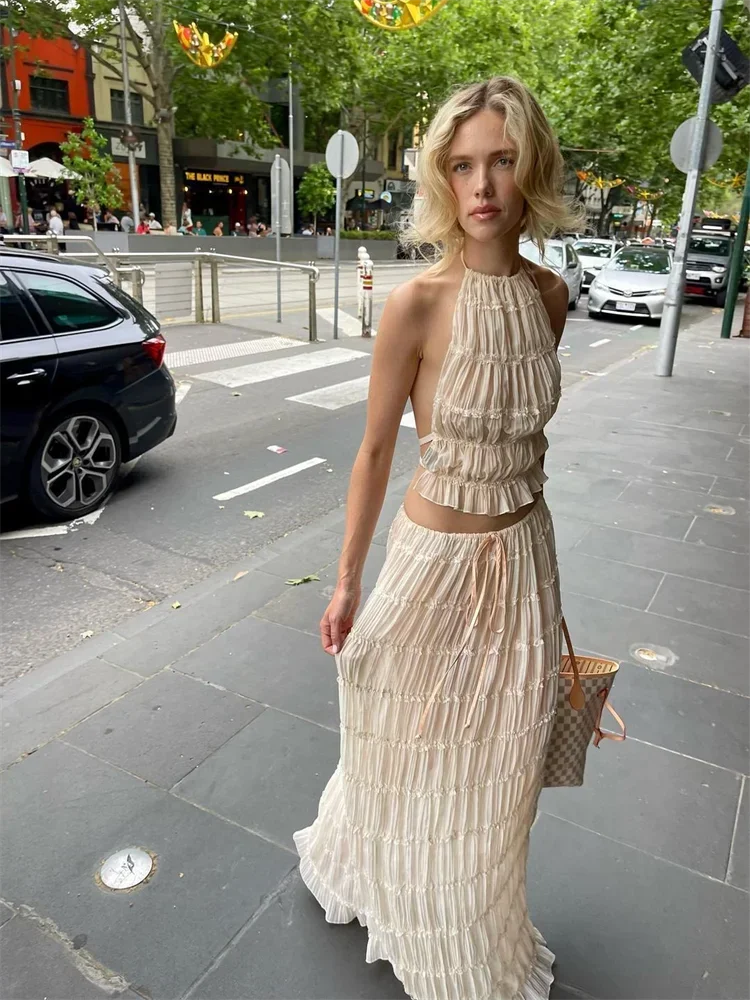 2024 Spring Summer Female 2 Piece Set Fashion Solid Hang Neck Long Skirt Suit Women Backless Sling Top Lace Up Fold Maxi Skirts - Image 2