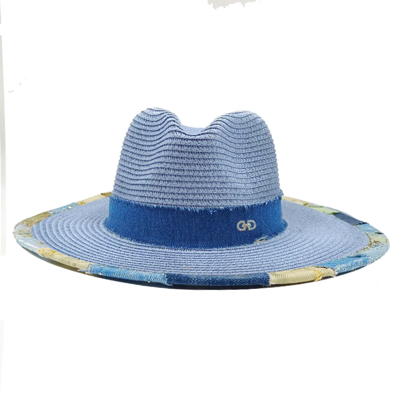 9 colors white straw hat denim brim beach hat summer straw  display picture 1