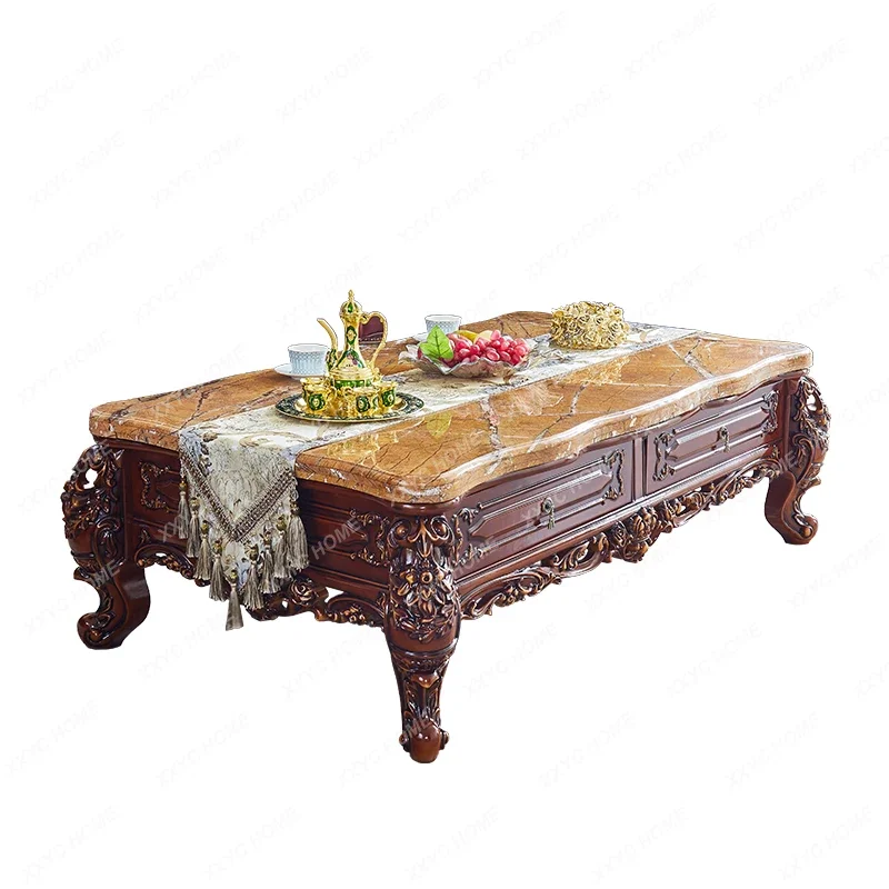 

European-Style Oak Coffee Table Marble Luxury Solid Wood Carved Living Room TV Cabinet Unit Set