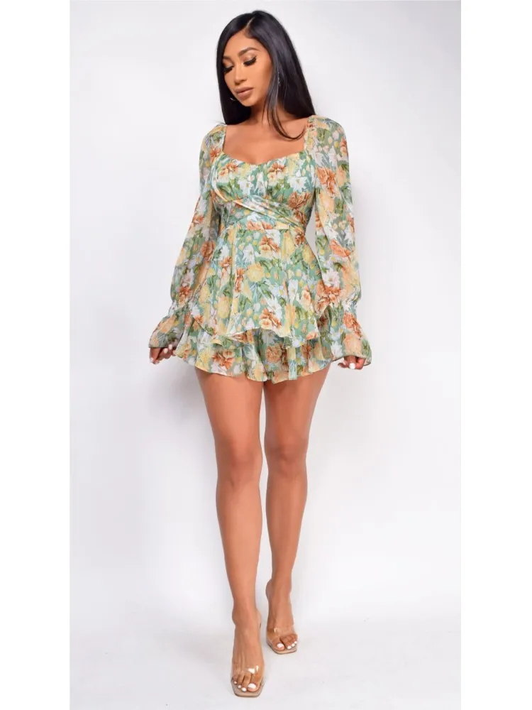 Flower Printed Jumpsuits Women Autumn New Long Sleeve Ruffles Leace-up Sexy Backless Chic Jumpsuit Shorts Ladies Fashion Elegant