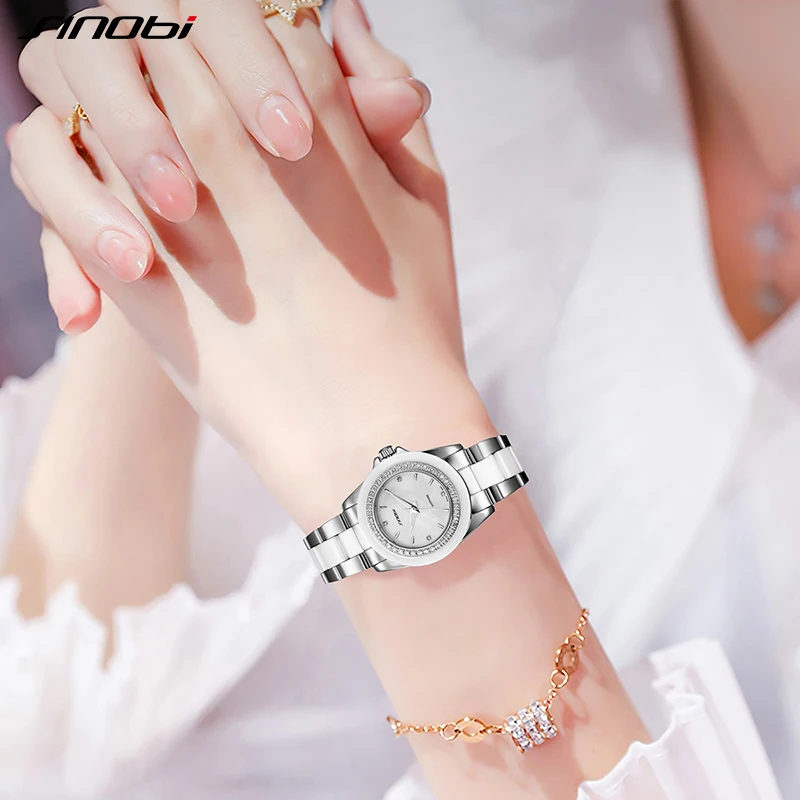 SINOBI High-quality Ceramic Woman's Watch Original Design Diamond Ladies Quartz Wristwatches Fashion Top Luxury Women's Clcok
