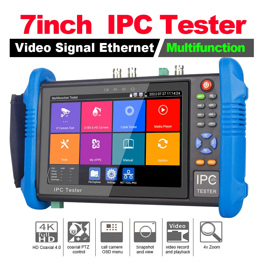 7inch 4K IPC Tester with HDMI Out CCTV Tester Support AHD/CVI/TVI CCTV Camera Input Cable Tracer,IPS Touch Screen Support TDR