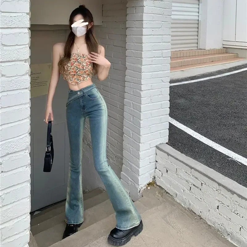Beveled jeans women skinny high waist aesthetic millennial clothing jeans retro wash retro mop Korean fashion street new 2024 street wash made old blue micro flared pants for women s autumn new slim retro jeans trendy women s jeans