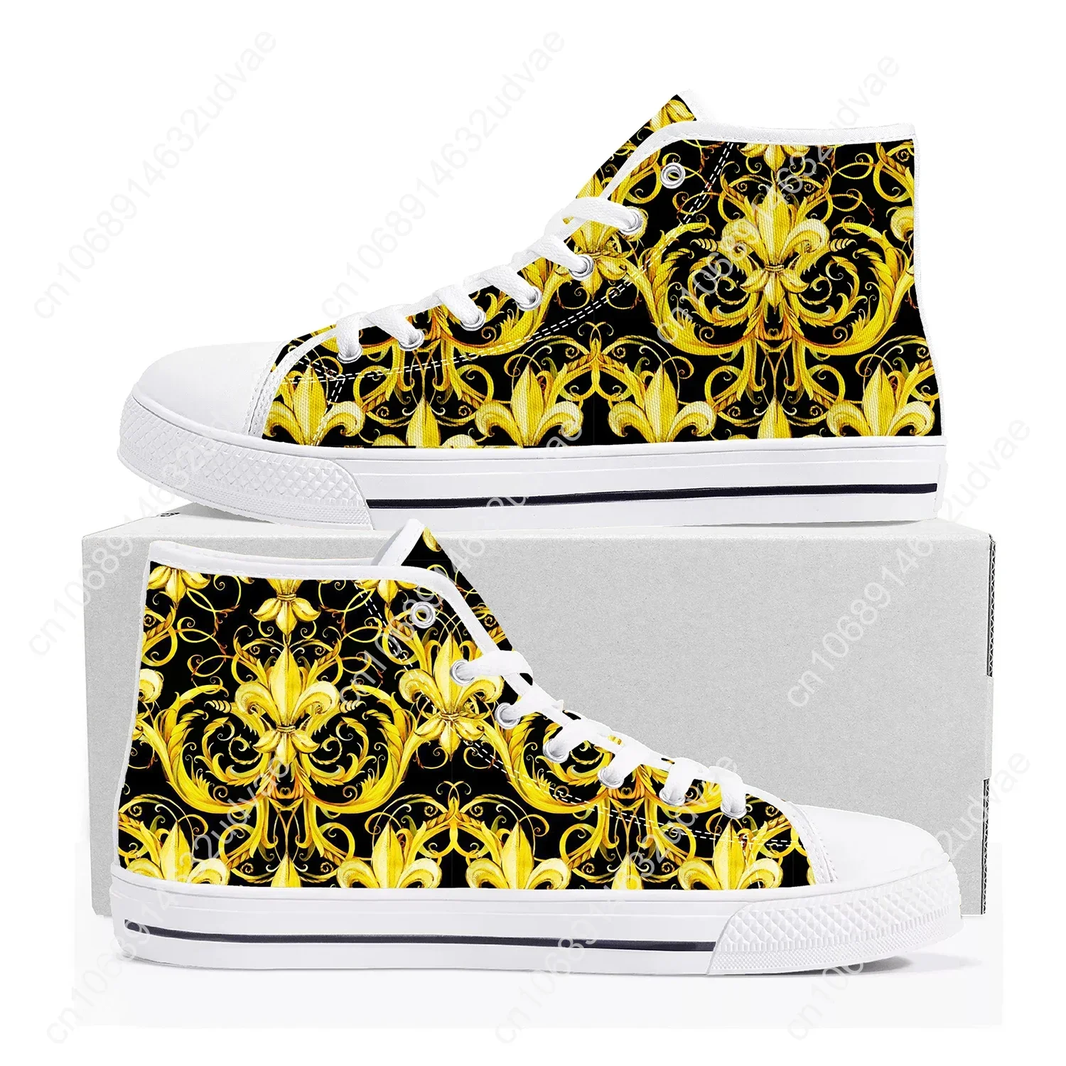 Luxury Golden Floral Prints High Top Sneakers Mens Womens Teenager Canvas Sneaker Baroque European Casual Shoes Custom Shoe