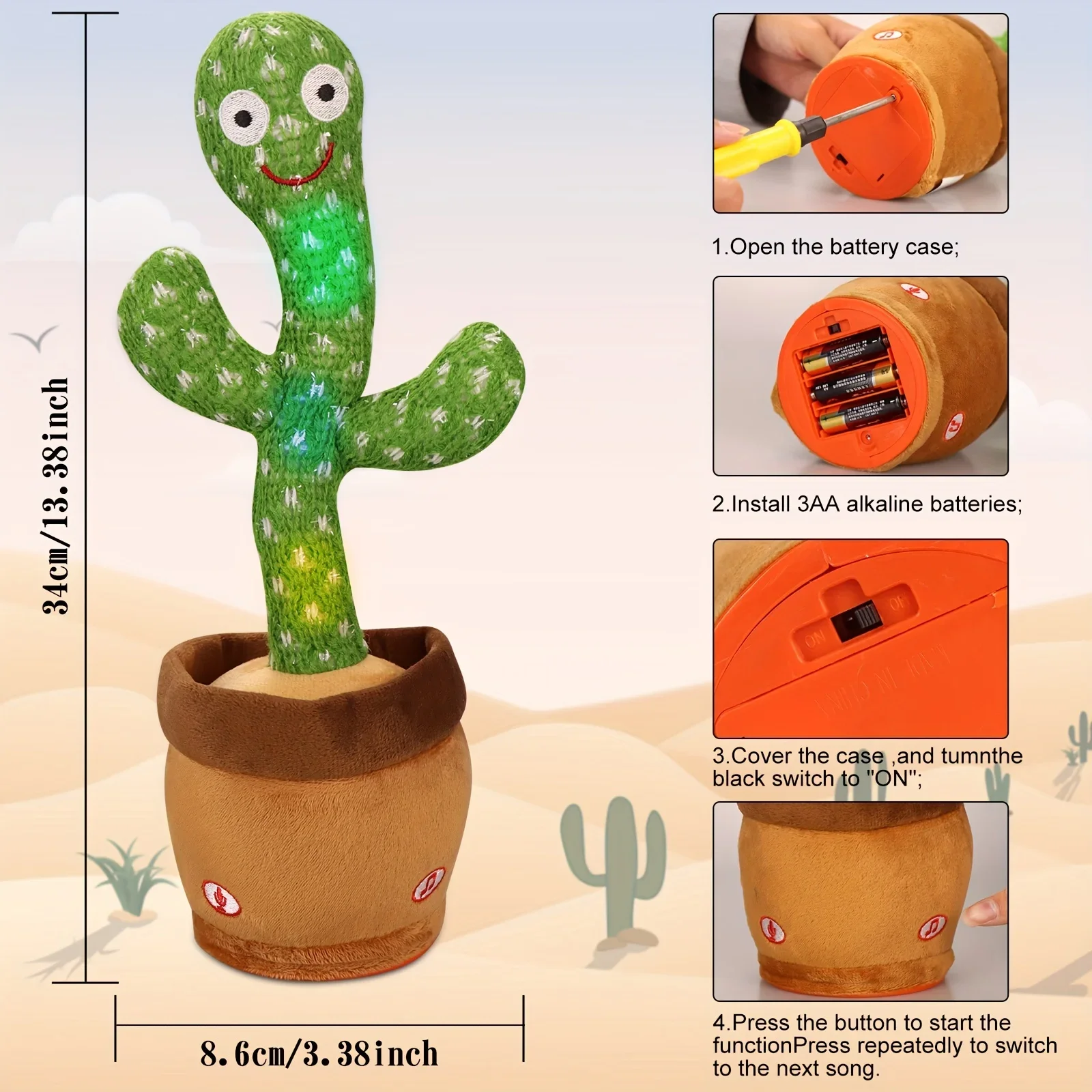 1pc Cactus Can Glow Can Learn To Speak and Sing Cactus Sand Sculpture Cactus Twist Cactus Pet Toy (No Battery Included) 6