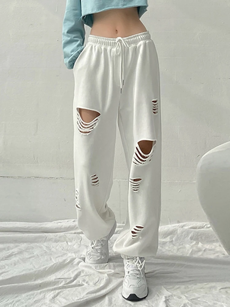 fashion clothing Legible Spring Autumn Women Pant Casual Solid Hole Elastic Waist Loose Sweatpants Female joggers for women Pants & Capris