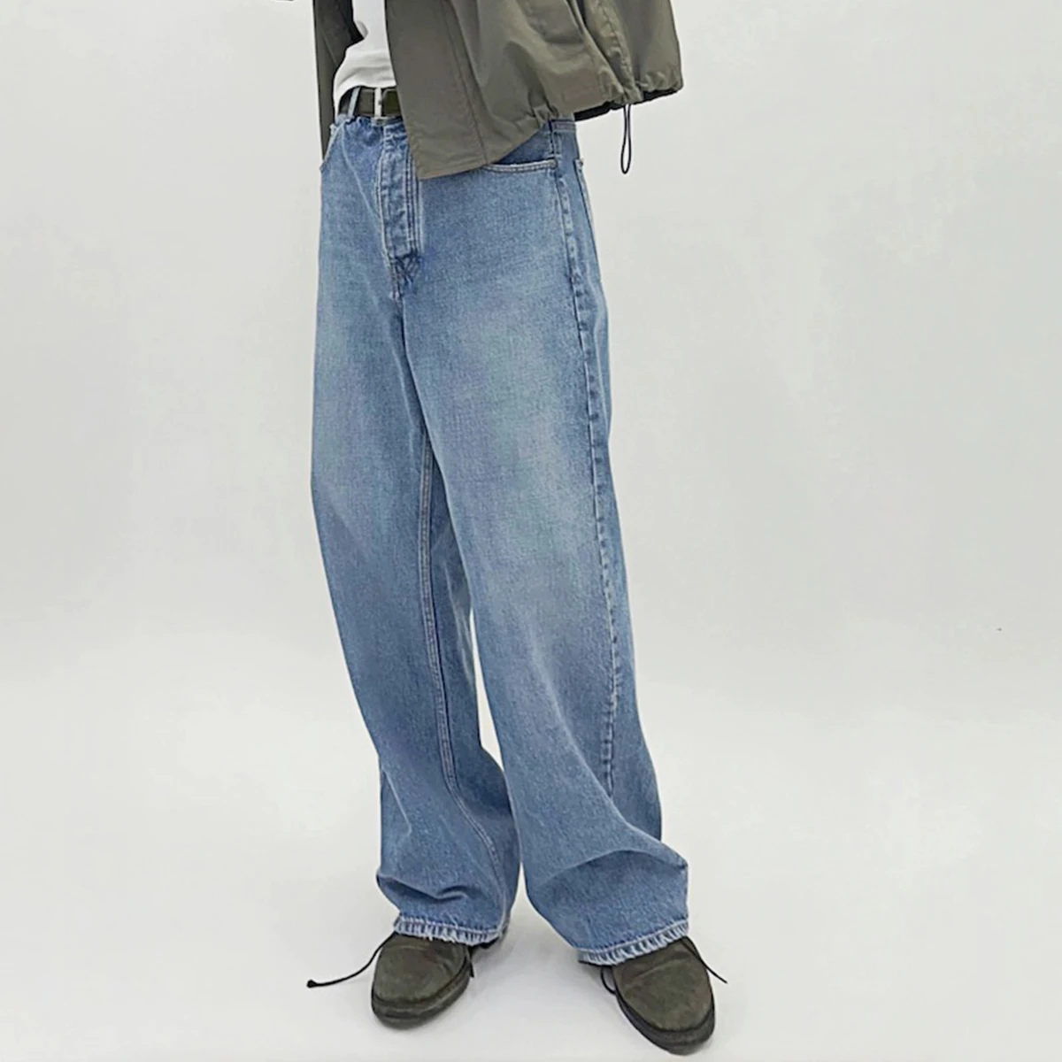 High Street Vintage Washed Blue Jeans for Men Straight Casual Loose Cleanfit Denim Trousers Oversized Cargo Pants 6