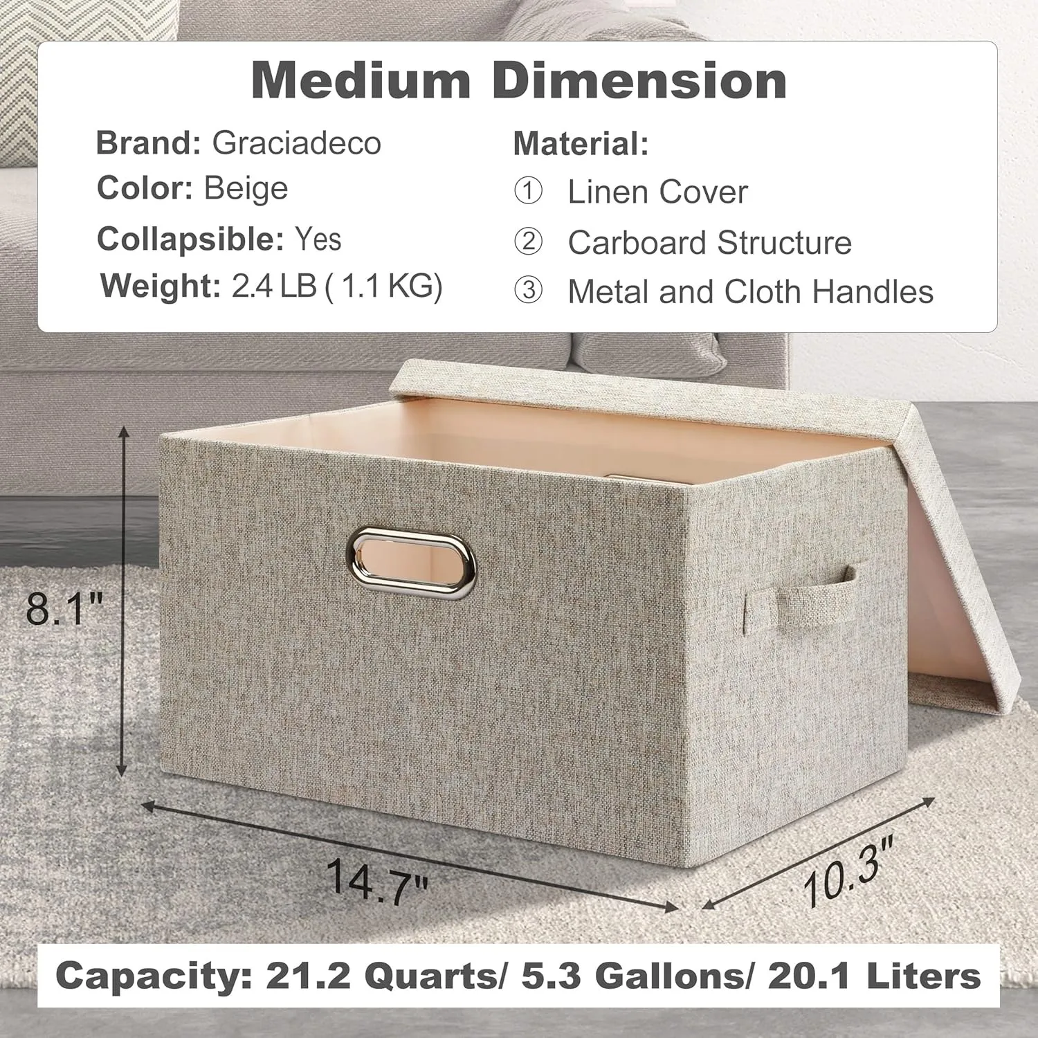 Medium 15" 21 Quart Collapsible Stackable Storage Bins w/ Lids, 5 Packs Beige Foldable Fabric Closet Boxes Lidded Linen 2