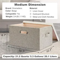 Medium 15" 21 Quart Collapsible Stackable Storage Bins w/ Lids, 5 Packs Beige Foldable Fabric Closet Boxes Lidded Linen 2