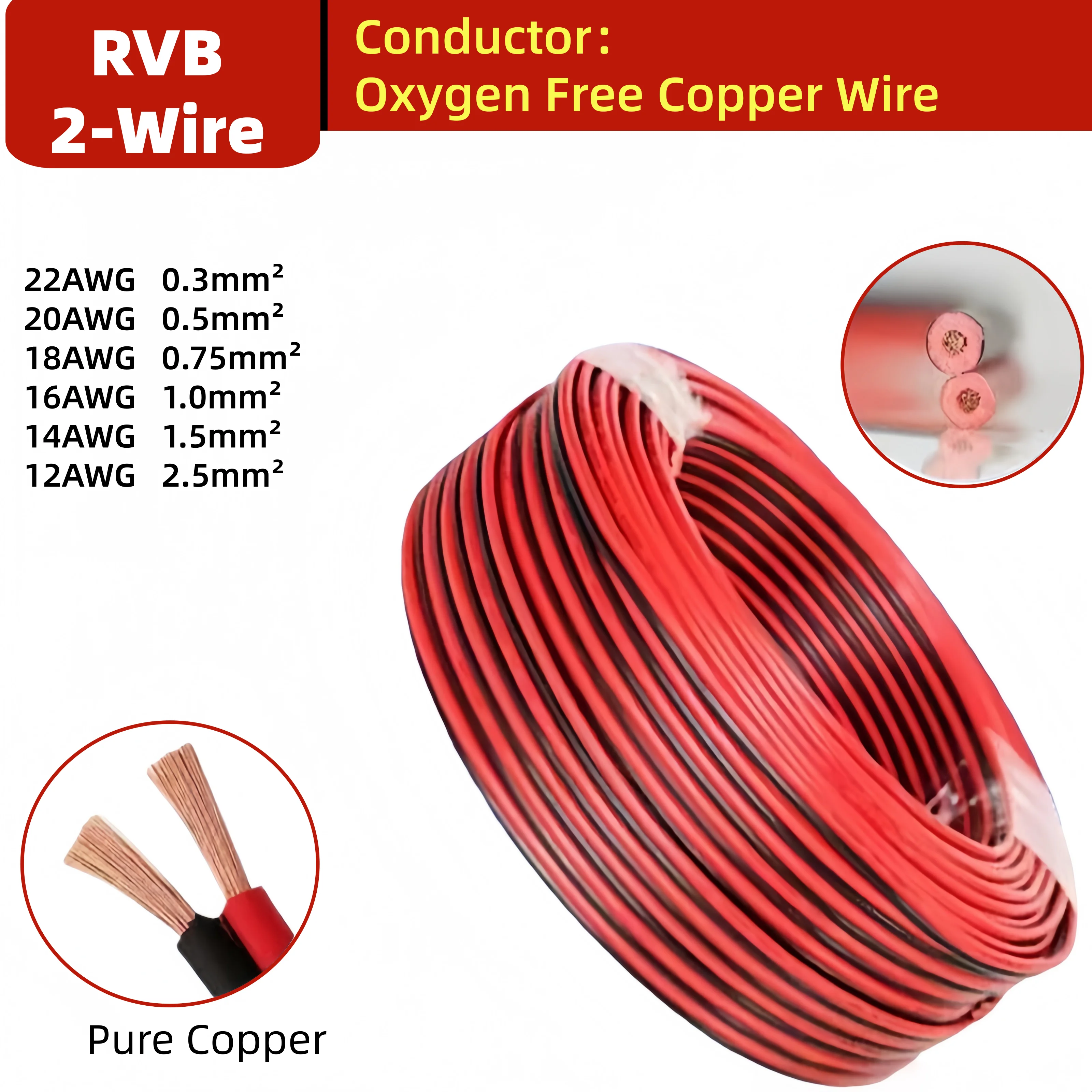High-Quality Flat Twin Red/Black 2-Wire Electric Cable Strand - Various Gauge Options