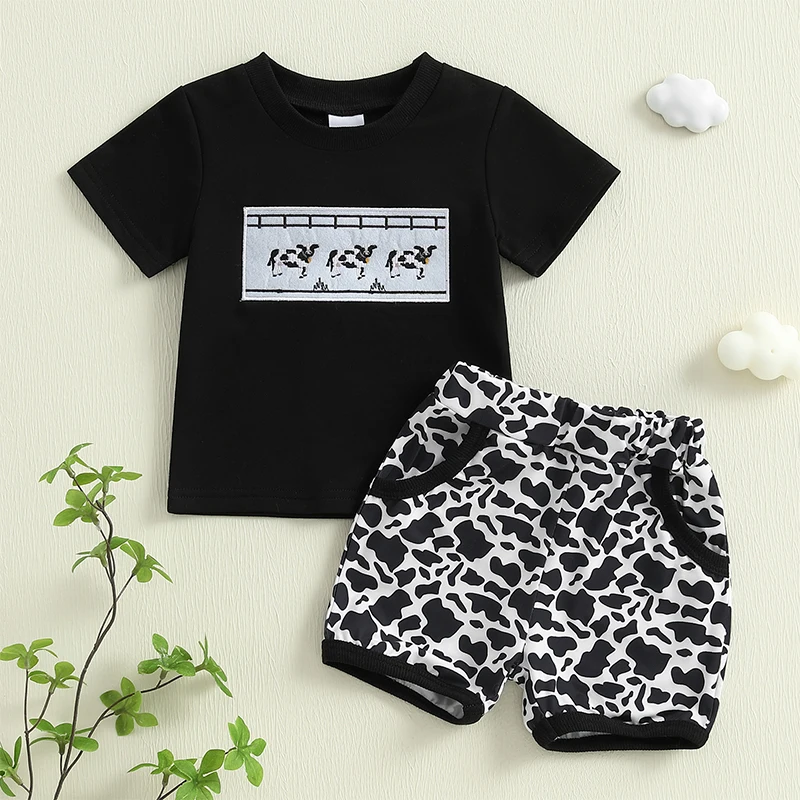 Baby Boys Shorts Set Toddler Baby Boy Clothes Short Sleeve Embroidery Cow T-shirt with Elastic Waist Shorts Summer Outfit