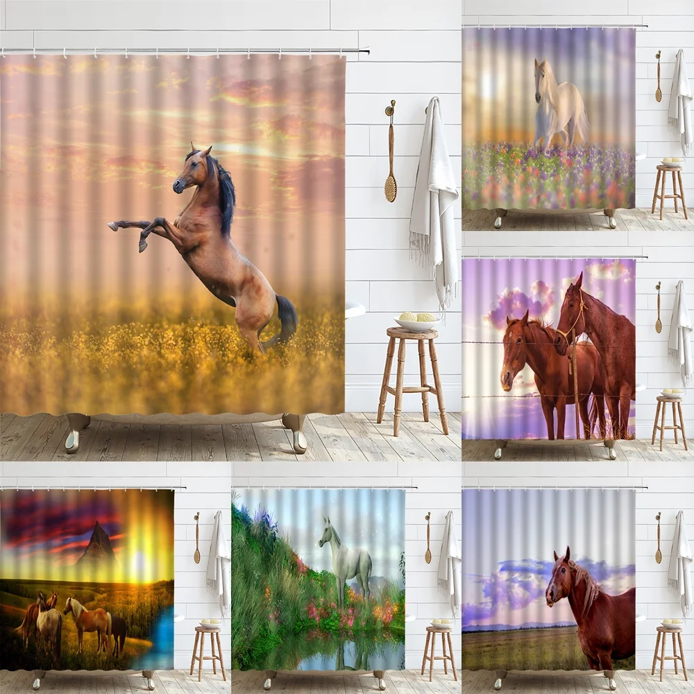 

Horses Shower Curtains Fabric Handsome Wild Animal Meadow Farm Flower Natural Scenery Polyester Cloth Bathroom Curtains Set Home