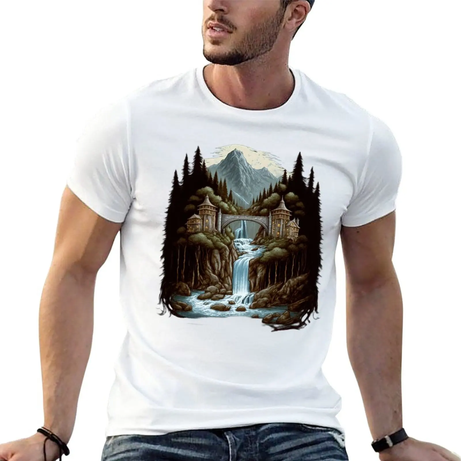 

Мужская футболка с принтом «домик в долине»