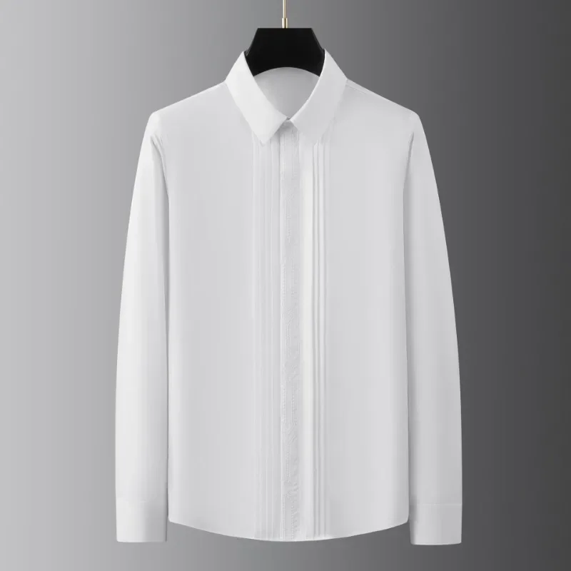 Minglu Cotton Men's Shirts High Quality Embroidery Covered Button Long Sleeve Solid Color Casual Party Male Dress Shirts 4XL