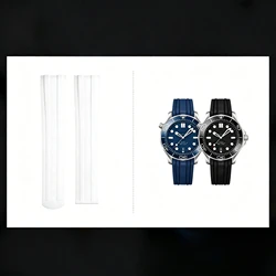 Omega Seamaster High - Quality Curved End 20mm FKM Rubber Watch Band with Original Extended Buckle - Silver Buckle (White)