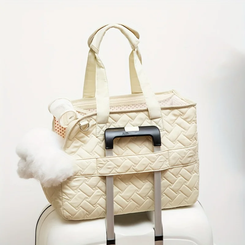 Portable Quilted Pet Handbag Suitable for Cats and Small Dogs Lightweight Canvas Shoulder Bag Breathable Mesh Bag