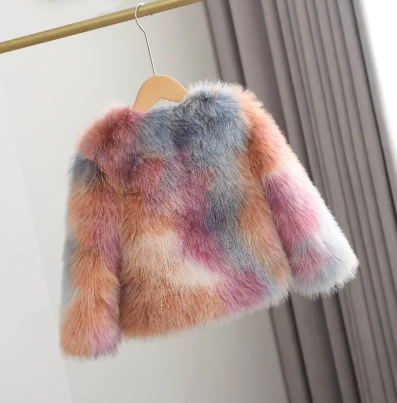 Winter Patchwork Fur Coat for Girls Short Round Neck - Uniqwear