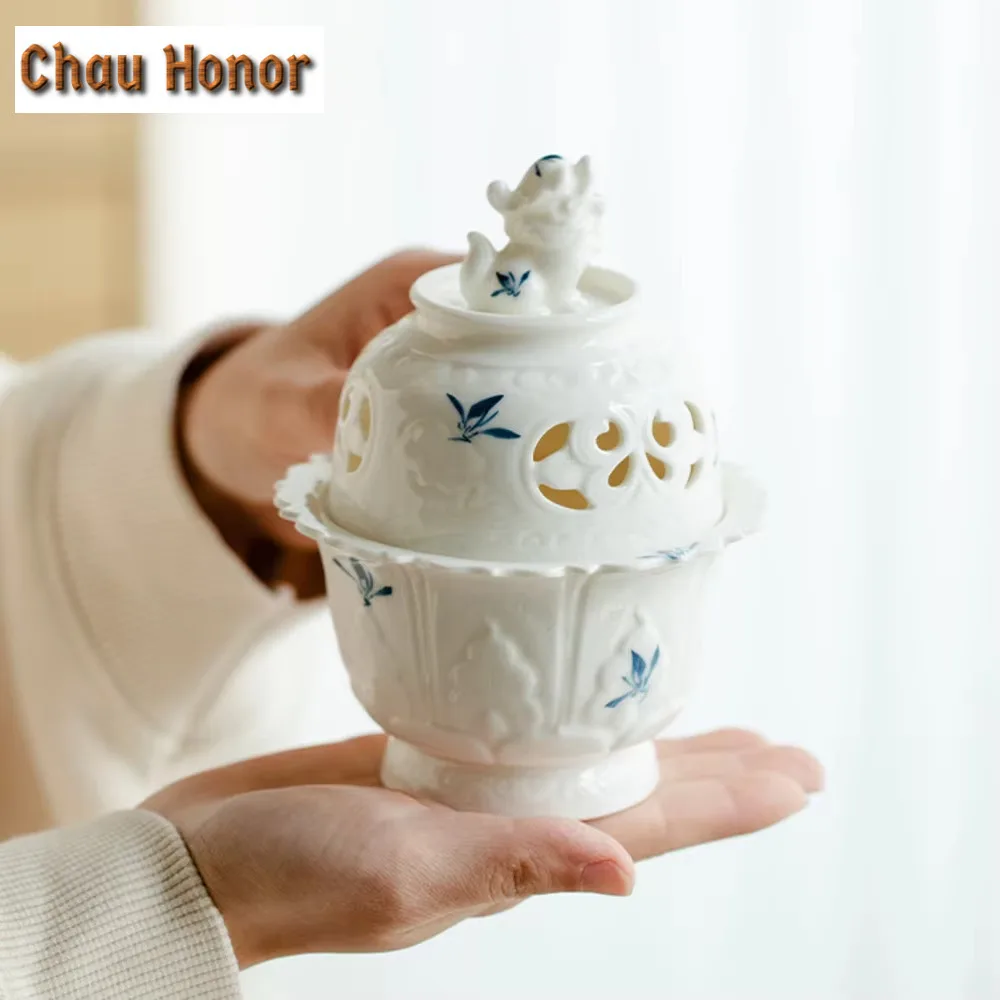 Hand-painted Butterfly Orchid Ceramic Fragrance Stove Chinese Censer Burner Holder Zen Incense Plate Sandalwood Teaware Ornament