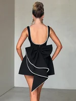 Leosoxs Robe courte sexy dos nu avec nœud en perles pour femme, tenue tendance, fermeture éclair, sans manches, taille haute, coupe trapèze, tenue de soirée élégante 1