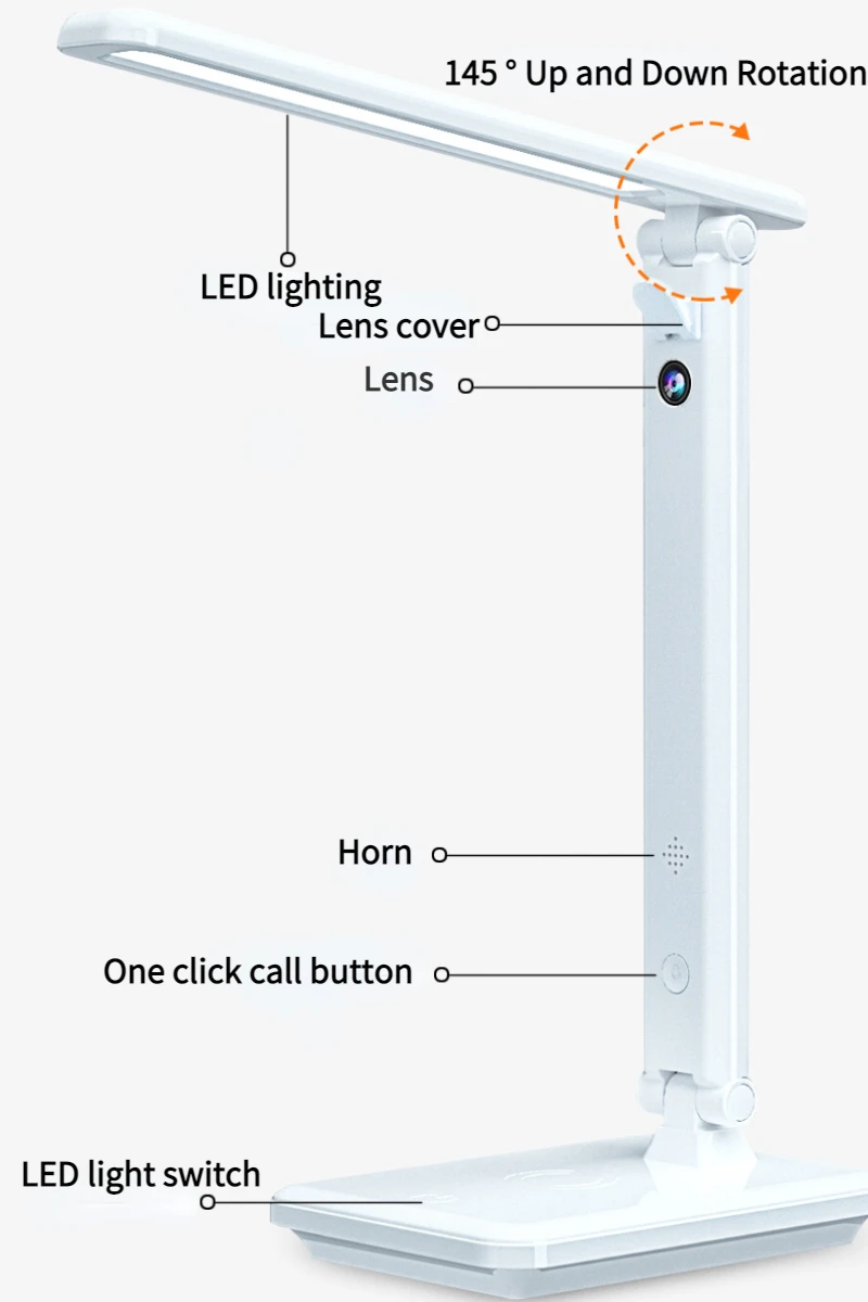 A diagram showing the parts of a SpyCam Desk Lamp that can be connected to a smartphone for remote monitoring.