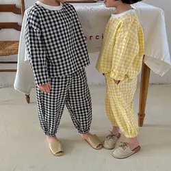 Primavera outono unisex algodão xadrez fina pijama define 1 6 anos crianças casual solto lazer wear 2 peças conjuntos