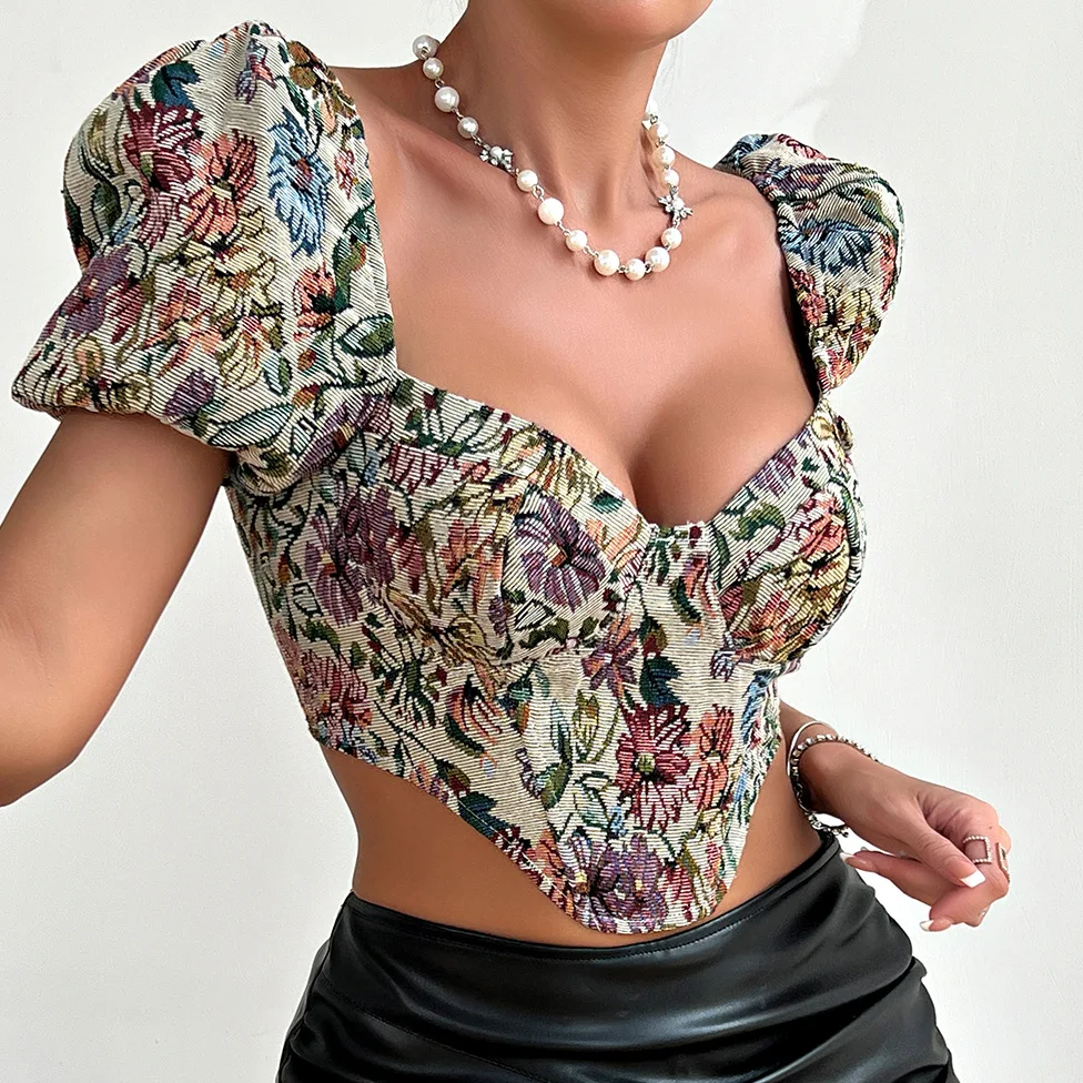 

Puffy Sleeve Corset Crop Tops French Vintage Floral Slim Tank Top Back Zipper Woman Clothing Retro Bustier Bodycon T-Shirt Camis