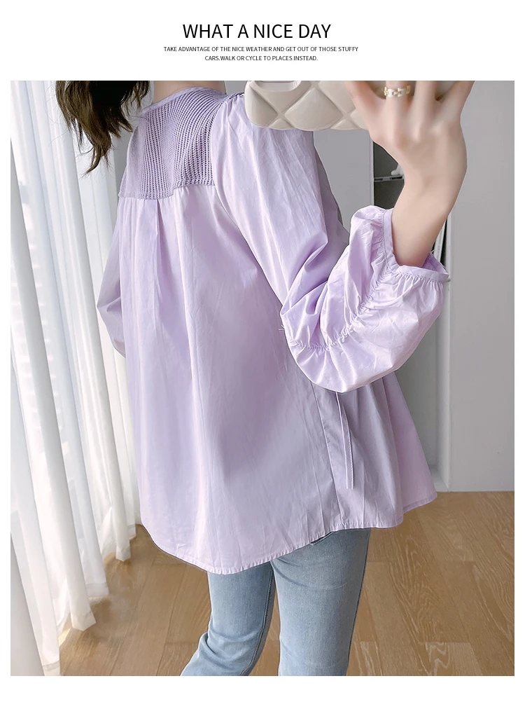 Autumn Maternity Fashion Loose Shirts Drawstring Long Sleeve O-neck Button Fly Pregnant Woman Pleated Blouses Purple White maternity tops