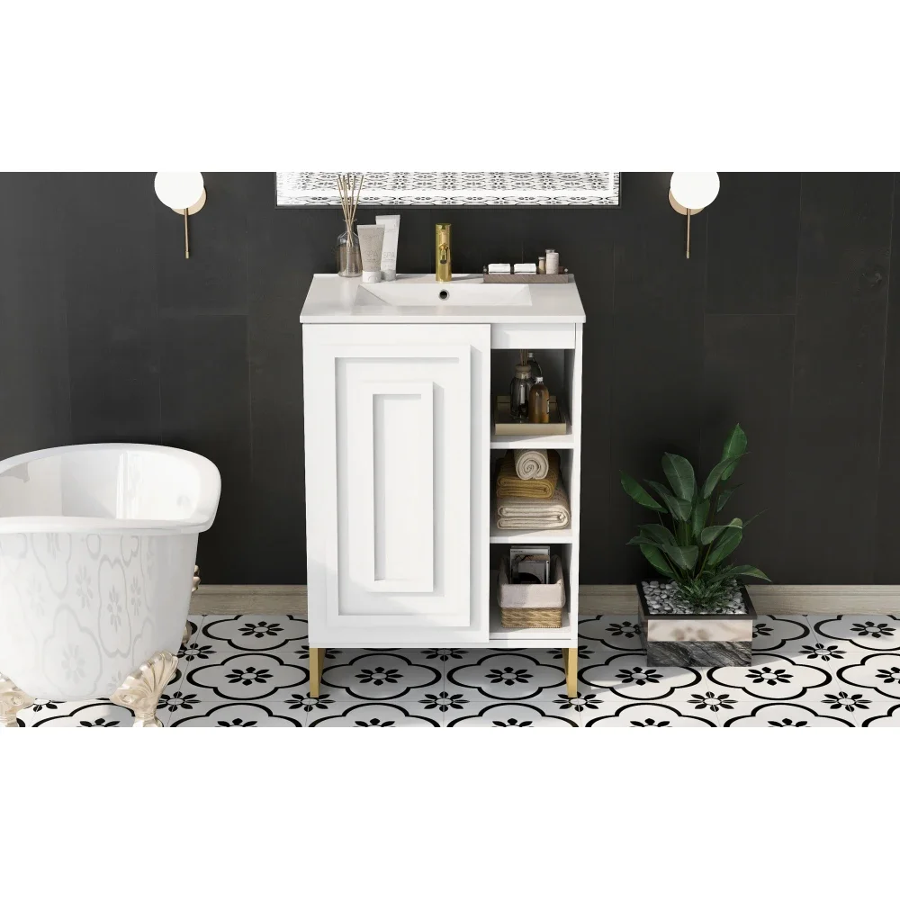 24 Inch White Bathroom Vanity Sink Combo for Small Space, Modern Design with Ceramic Basin, Gold Legs and Semi-open Storage