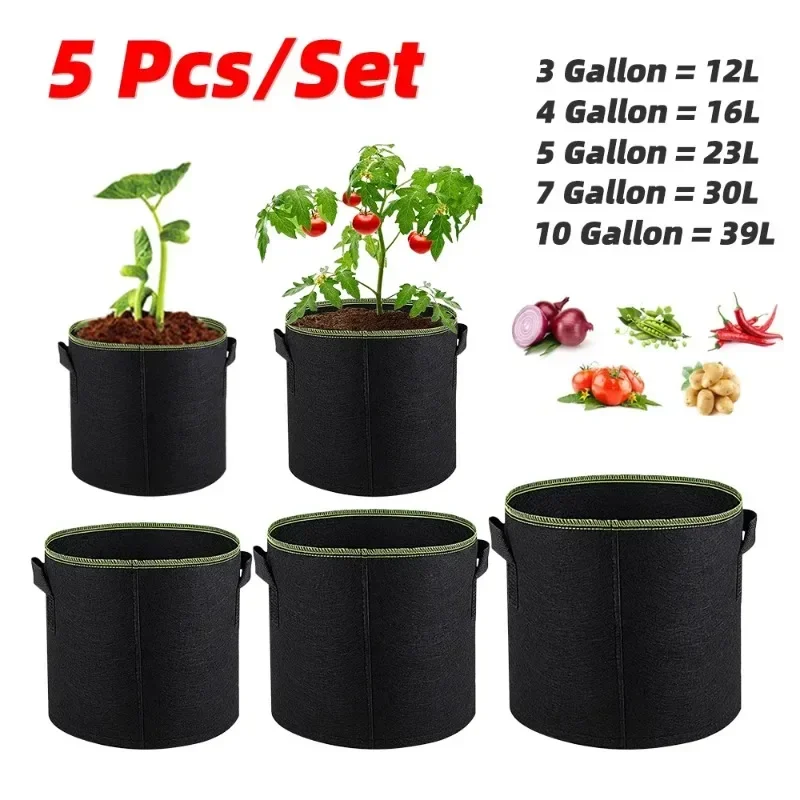 Felt Grow Bags 5Pcs 3/4/5/7/10 Gallon Gardening Fabric Grow Pot Vegetable Strawberry Growing Planter Garden Potato Planting Pots