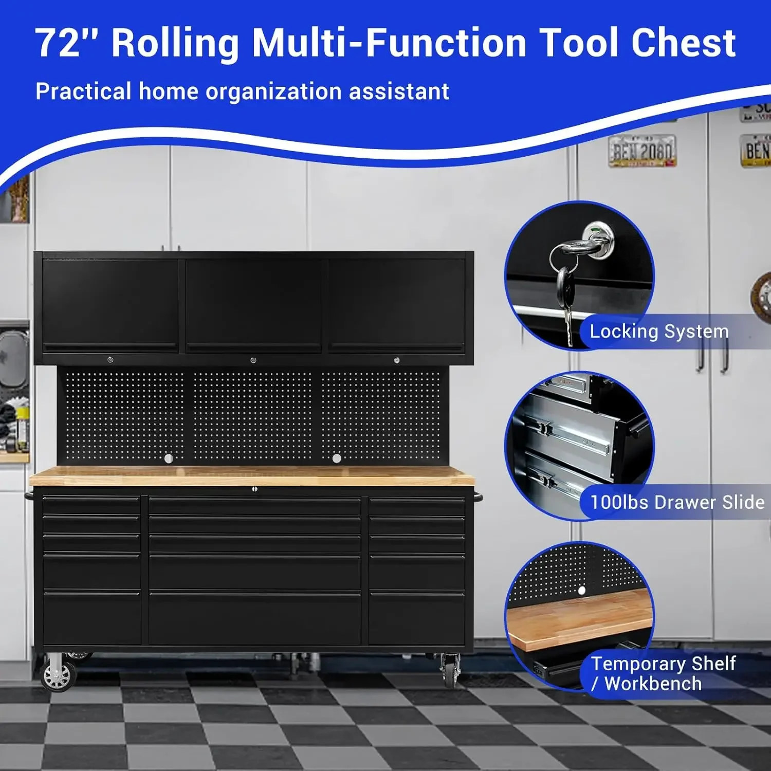 72" Tool Chest Rolling Tool Box 15 Storage Drawers 3 Upper Cabinet Pegboard Large Toolbox with Wheels for Warehouse Basement 4