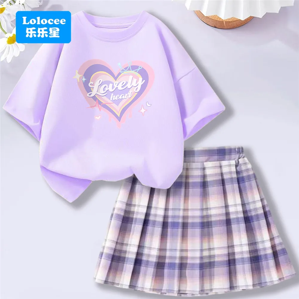 4–14 Jahre Mädchen-Schuloutfits, kurzärmeliges herzförmiges T-Shirt und karierter Rock mit elastischer Taille, 2-teiliges Set für Kinder im Preppy-Stil
