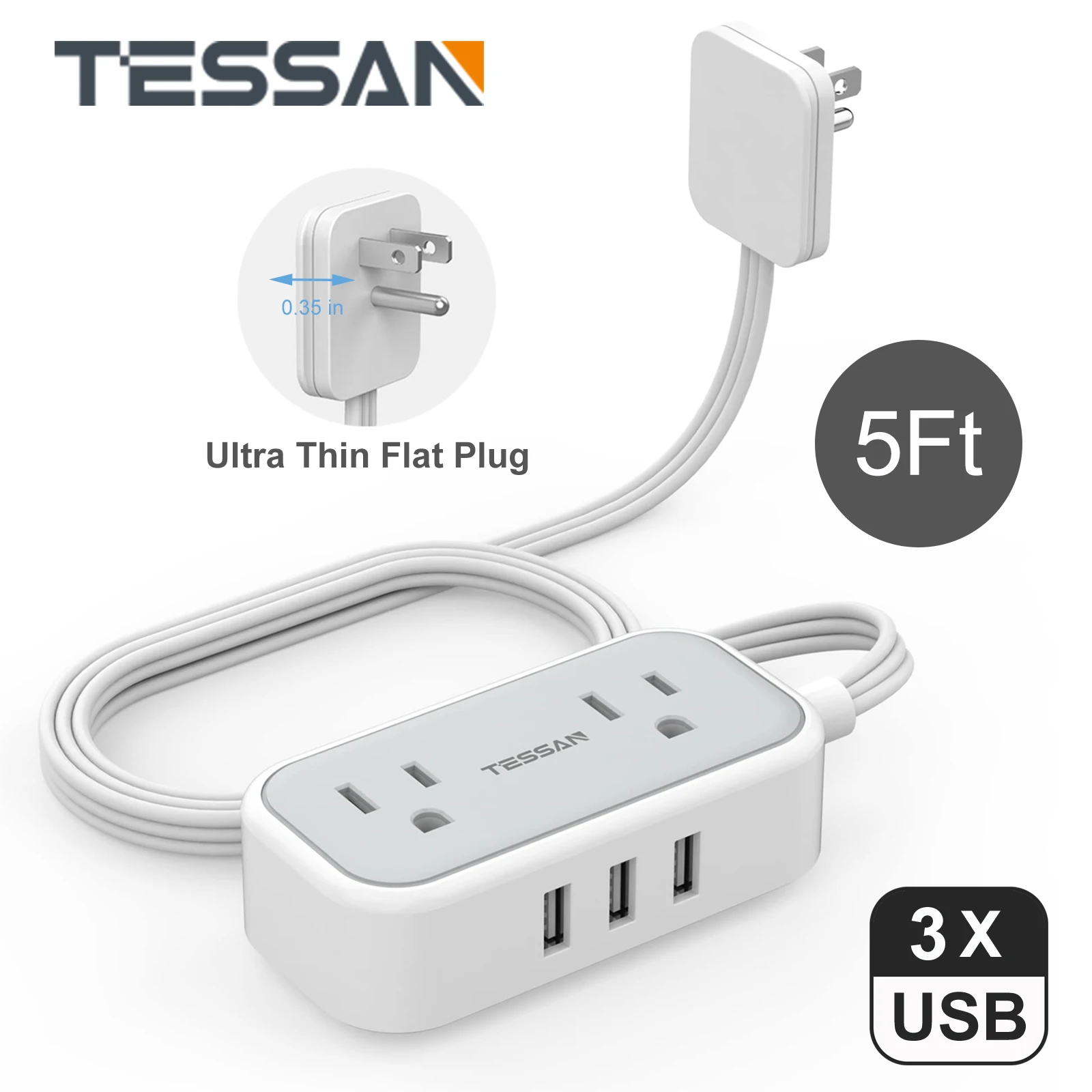 TESSANUltraThinPowerStripwith2ACOutlets3USBPortsMiniFlat