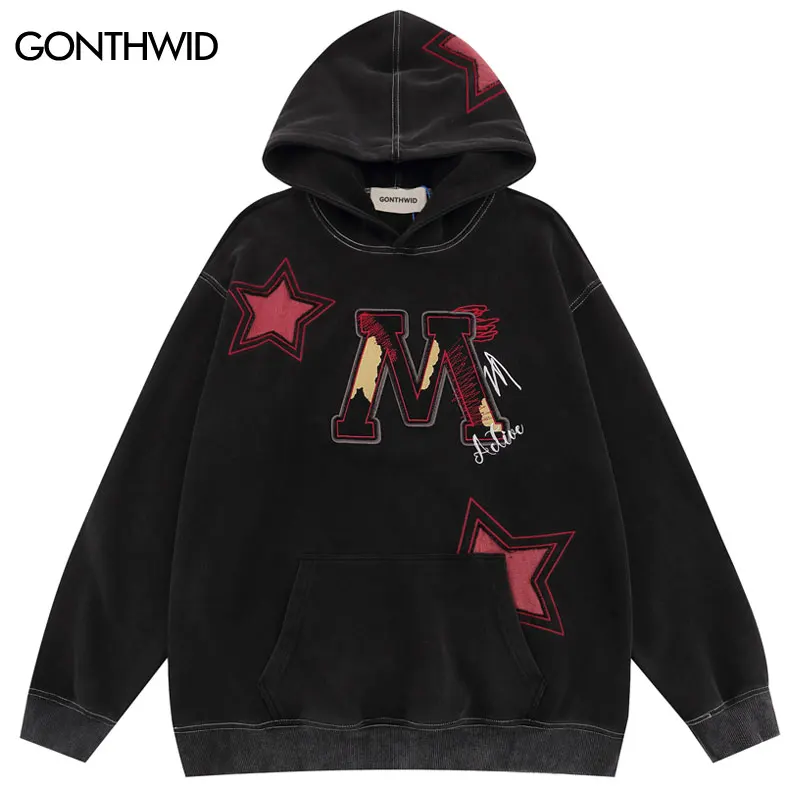 

Vintage Men Hoodie Y2K Harajuku Retro Embroidery Star Letter Washed Pullover Streetwear 2023 Fashion Punk Goth Hooded Sweatshirt