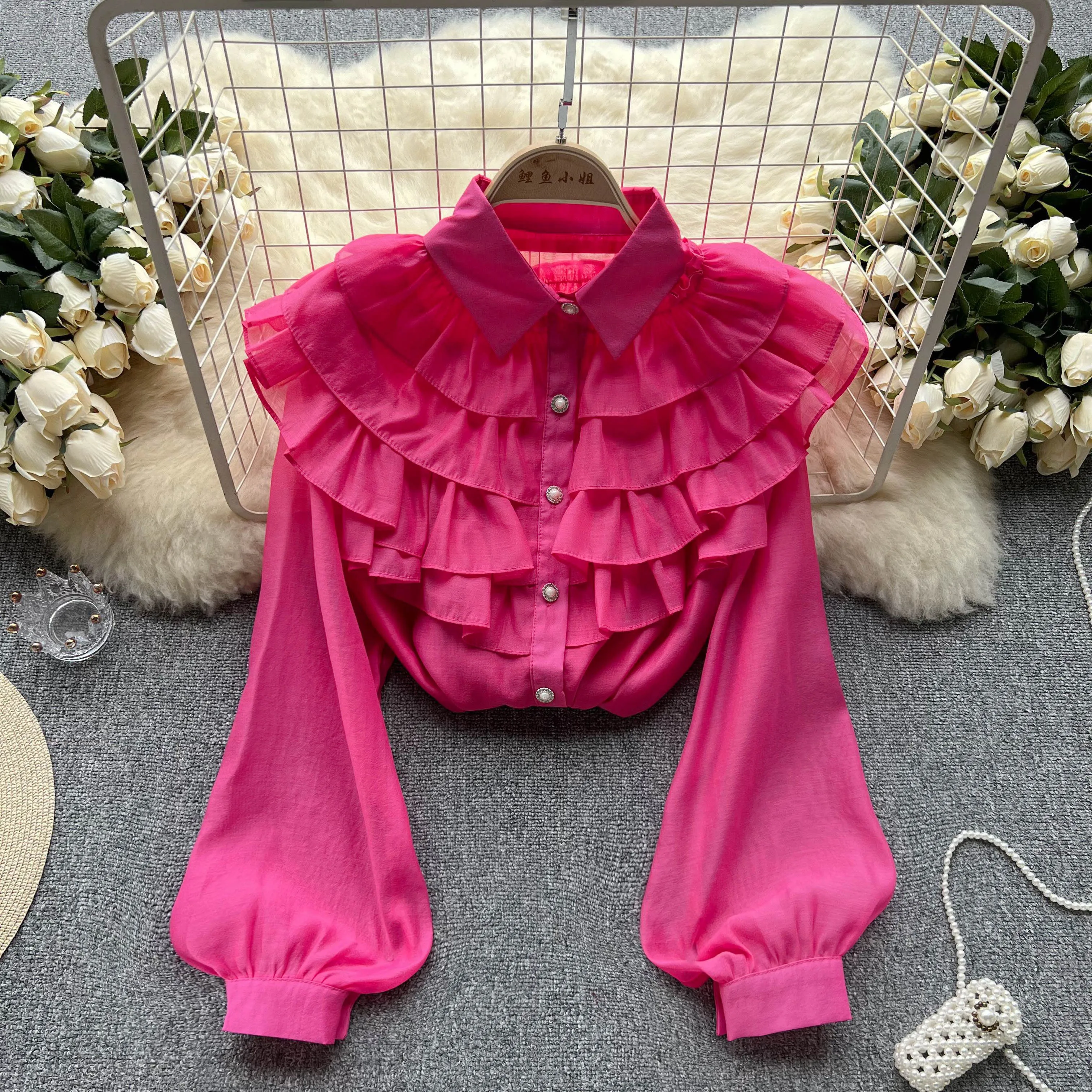 

Spring Summer Premium Polo Neck Shirt Loose Lantern Sleeves Design Feeling Sheer Top