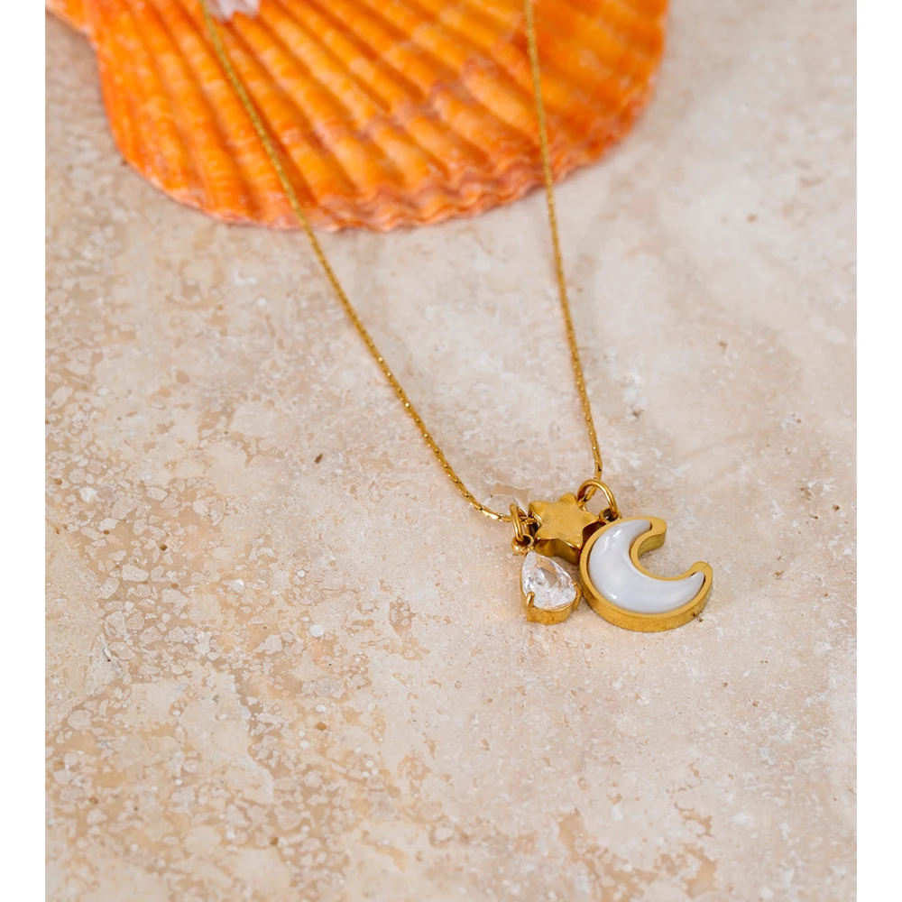 Yhpup Style Stainless Steel Shell Zircon Moon Star Pendant Necklace