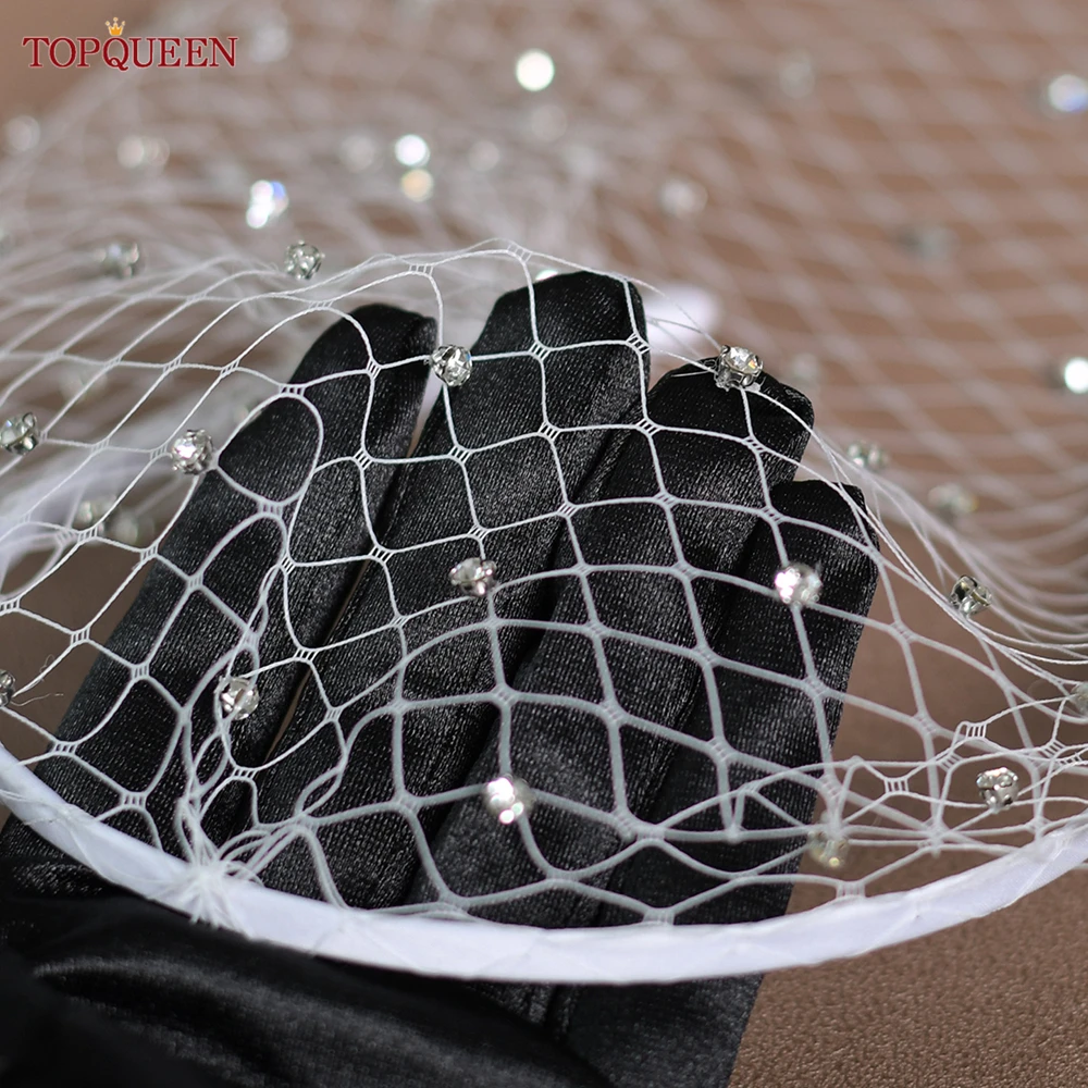 TOPQUEEN VA06 Birdcage Veil Russian Tulle Cage Veil Face with Diamond Bachelorette Party Accessories Handband Bridal Veils