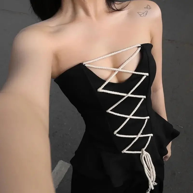 

2024 Summer New Street Sexy Spicy Girl Open Back Slim Fit Cotton Rope Cross Tie Waist Tie Bra Black Top y2k clothes CSM56XY