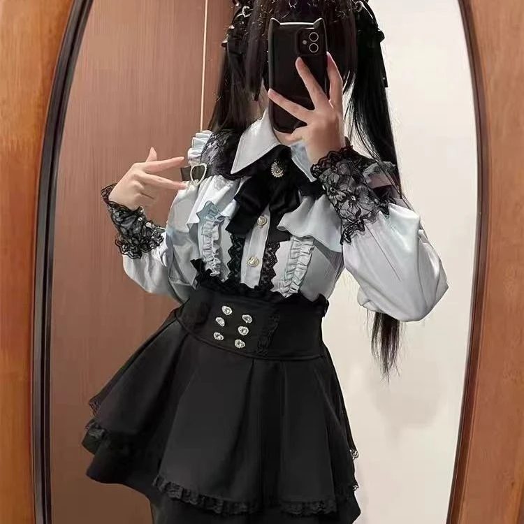 Harajuku Sweet Bow Black Plaid Long Sleeve Kawaii Lolita Dress