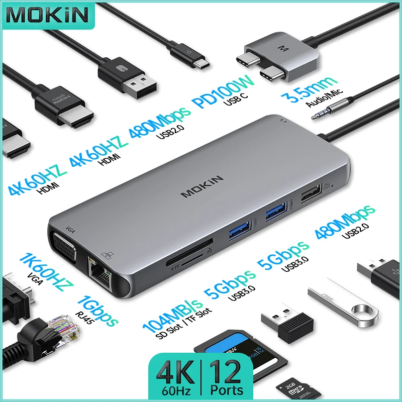 

MOKiN 12 in 2 Docking Station for MacBook Air Pro iPad Thunderbolt Laptop - USB2.0 USB3.0 HDMI VGA PD 100W SD RJ45 1Gbps Audio