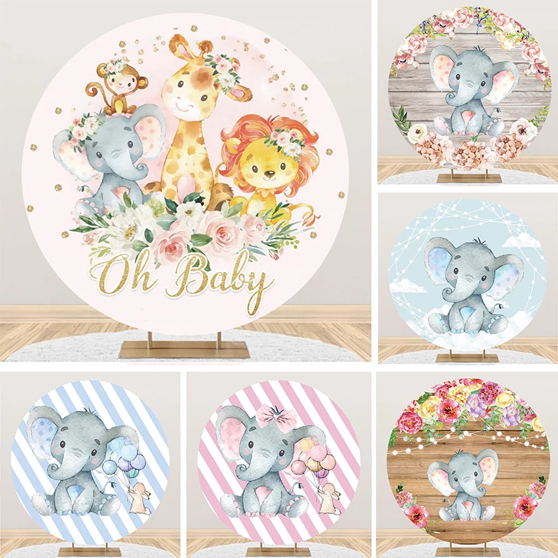 

Elephant Baby Shower Round Backdrop Cover Newborn Girls Boys Birthday Party Animals Flowers Decorations Circle Photo Background